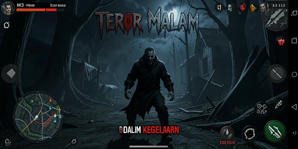 Tangkapan layar gameplay K3K3 yang menampilkan suasana menyeramkan dan penuh ketegangan.