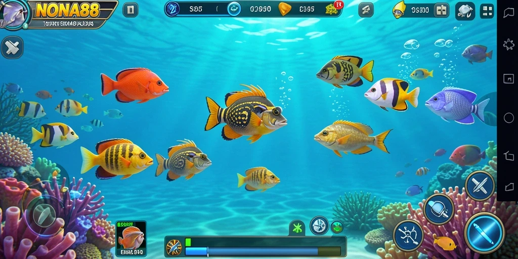Tangkapan layar gameplay NONA88 menunjukkan aksi tembak ikan yang penuh warna.